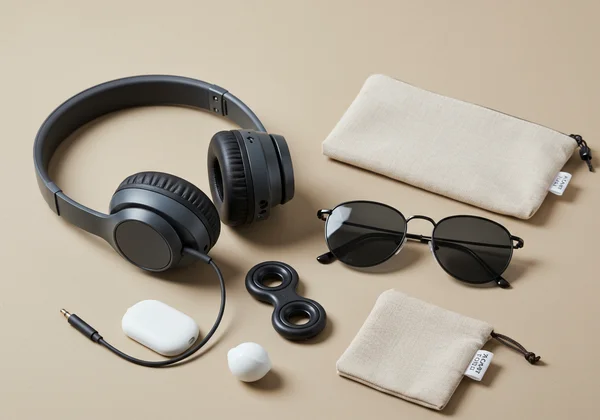 headphones, sunglasses, fidget toy