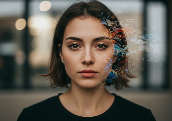 An adult outwardly calm, internally stressed, representing autism masking.