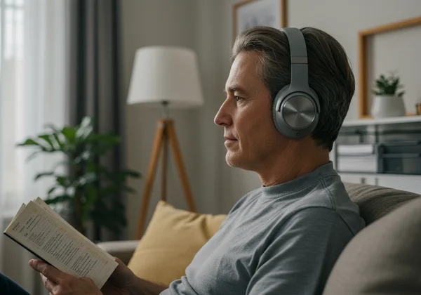 An adult using noise-canceling headphones for sensory regulation.