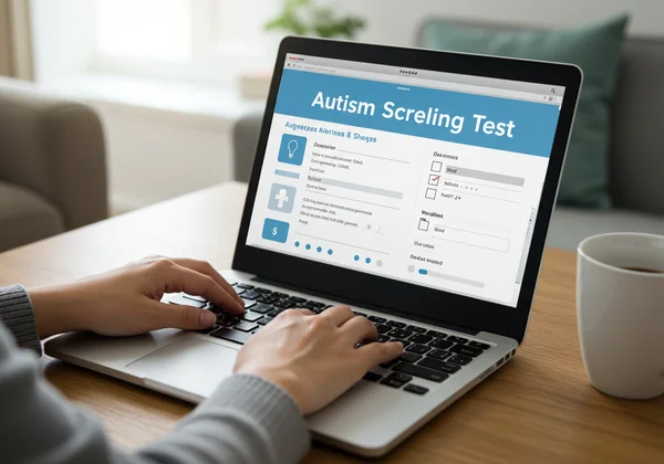 An adult taking an online autism screening test on a laptop.