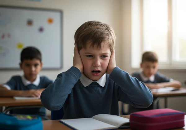 Student overwhelmed by sensory input in a busy classroom.