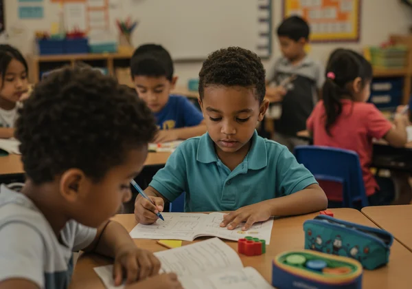 Educator observing students in a diverse classroom setting.