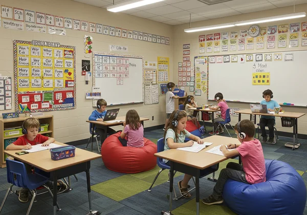 An inclusive classroom with visual schedule and quiet corner.