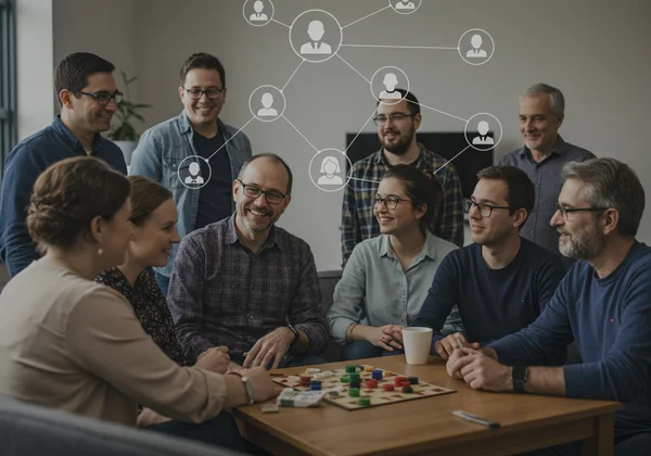 Diverse group of people connecting, showing community and support.