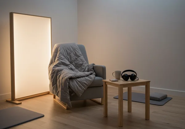 Calm, sensory-friendly room with soft lighting and textures.