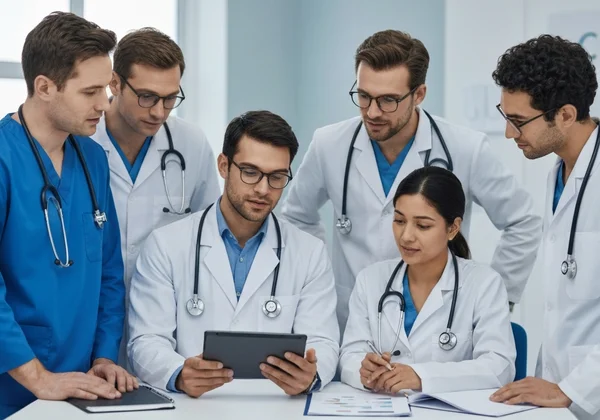 Medical specialists discussing child autism assessment