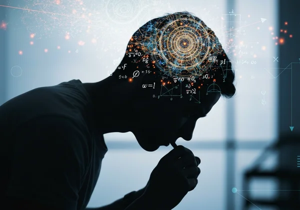 Person with deep focus, surrounded by patterns and ideas
