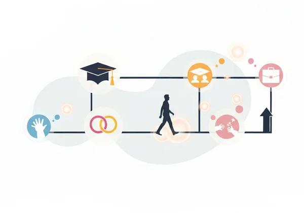 Icons representing life transitions like career, family, growth.