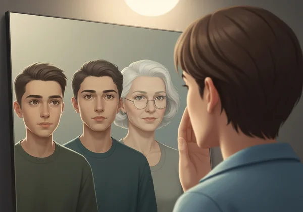Person looking in mirror, reflections show changing life stages.